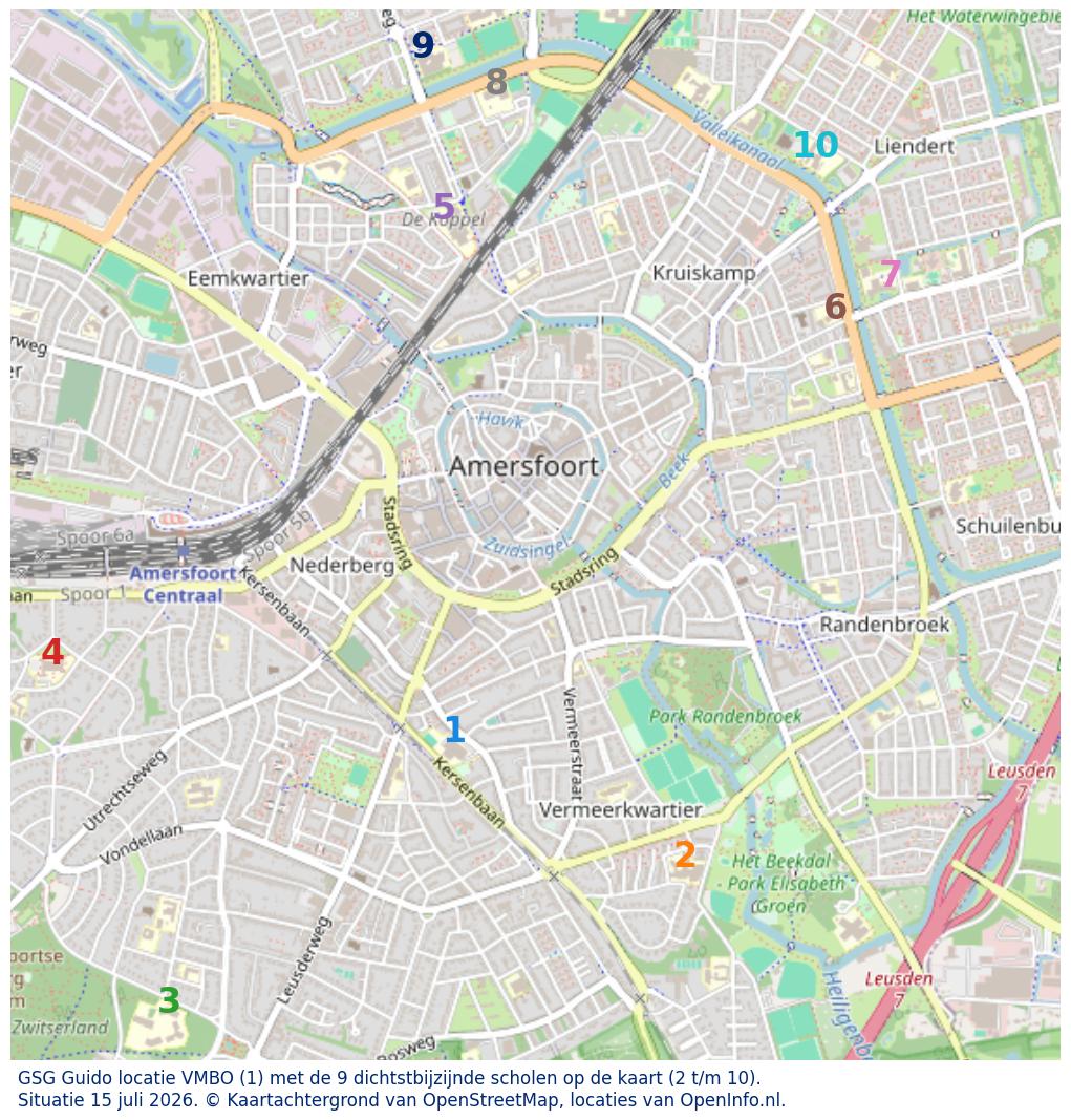 Kaart van de school met de tien dichtsbijzijnde scholen. Hierbij zijn de scholen genummerd van 1 tot en met 10. Nummer 1 is toegekend aan de schoolvestiging zelf: GSG Guido locatie VMBO.