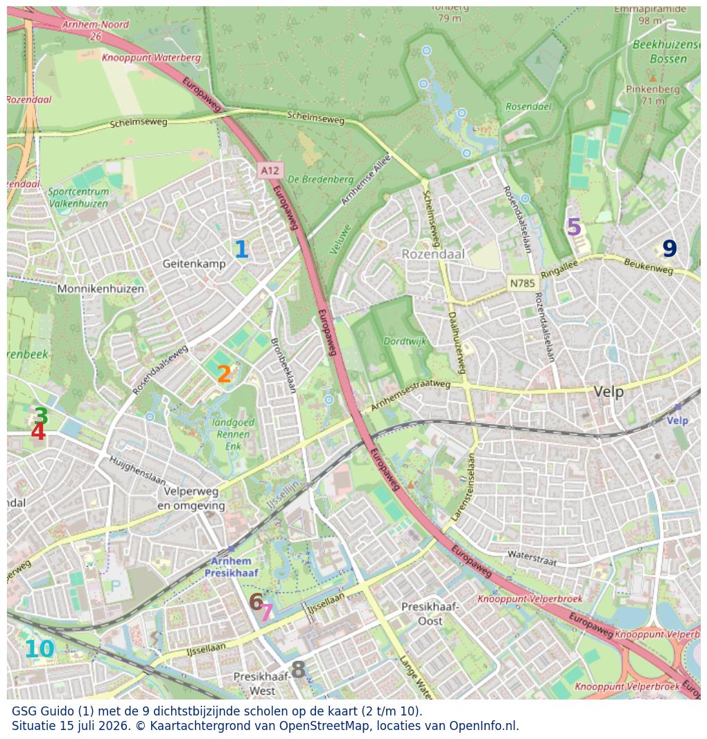 Kaart van de school met de tien dichtsbijzijnde scholen. Hierbij zijn de scholen genummerd van 1 tot en met 10. Nummer 1 is toegekend aan de schoolvestiging zelf: GSG Guido.