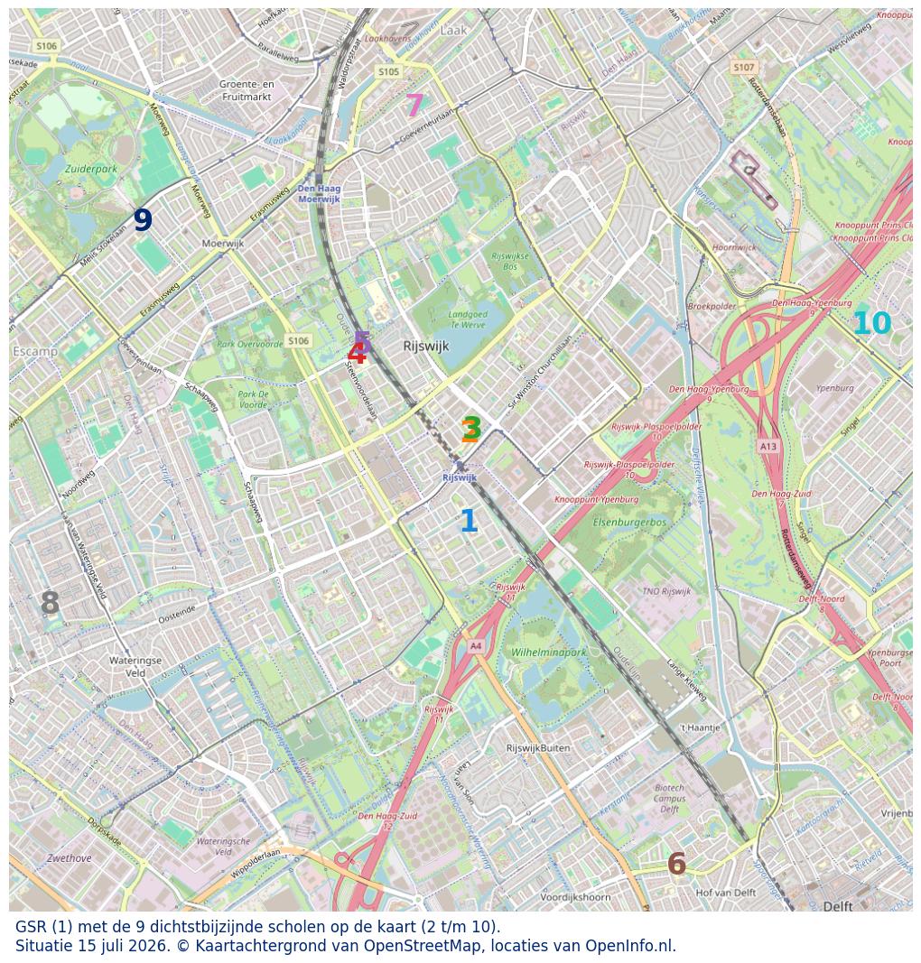 Kaart van de school met de tien dichtsbijzijnde scholen. Hierbij zijn de scholen genummerd van 1 tot en met 10. Nummer 1 is toegekend aan de schoolvestiging zelf: GSR.