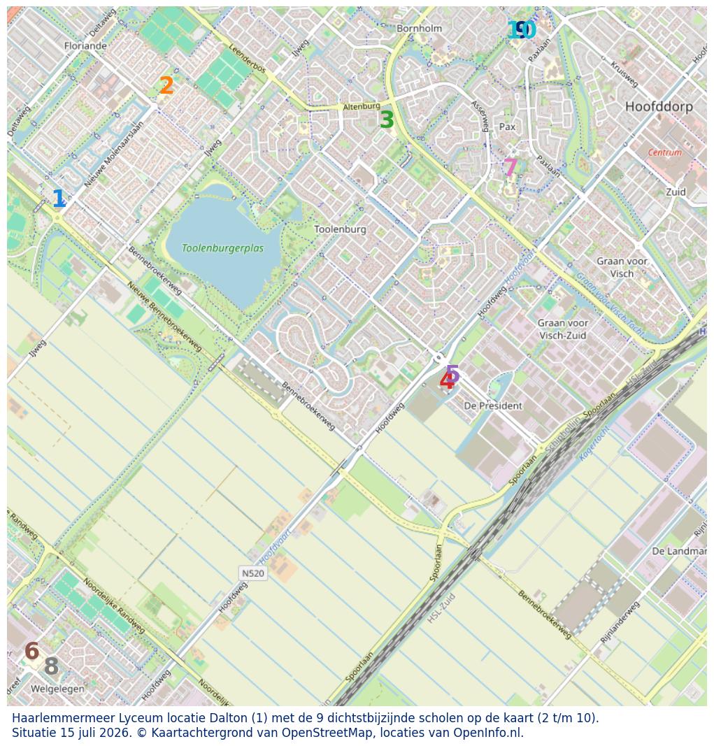 Kaart van de school met de tien dichtsbijzijnde scholen. Hierbij zijn de scholen genummerd van 1 tot en met 10. Nummer 1 is toegekend aan de schoolvestiging zelf: Haarlemmermeer Lyceum locatie Dalton.
