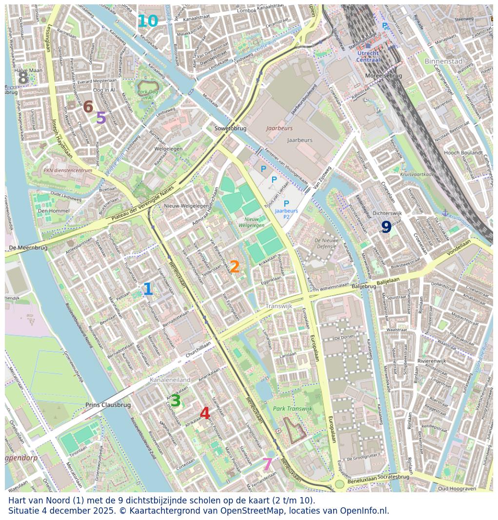 Kaart van de school met de tien dichtsbijzijnde scholen. Hierbij zijn de scholen genummerd van 1 tot en met 10. Nummer 1 is toegekend aan de schoolvestiging zelf: Hart van Noord.