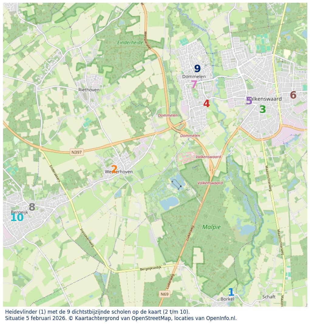 Kaart van de school met de tien dichtsbijzijnde scholen. Hierbij zijn de scholen genummerd van 1 tot en met 10. Nummer 1 is toegekend aan de schoolvestiging zelf: Heidevlinder.
