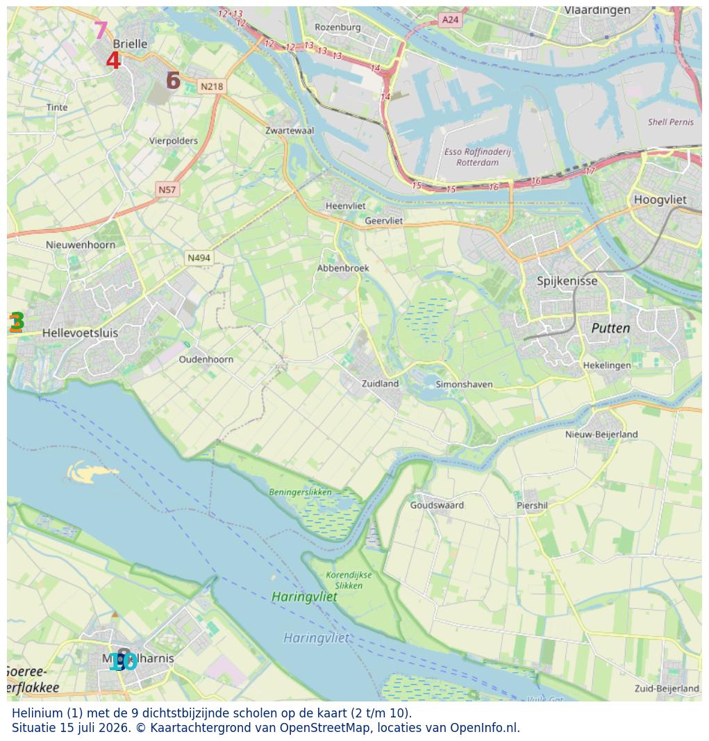 Kaart van de school met de tien dichtsbijzijnde scholen. Hierbij zijn de scholen genummerd van 1 tot en met 10. Nummer 1 is toegekend aan de schoolvestiging zelf: Helinium.