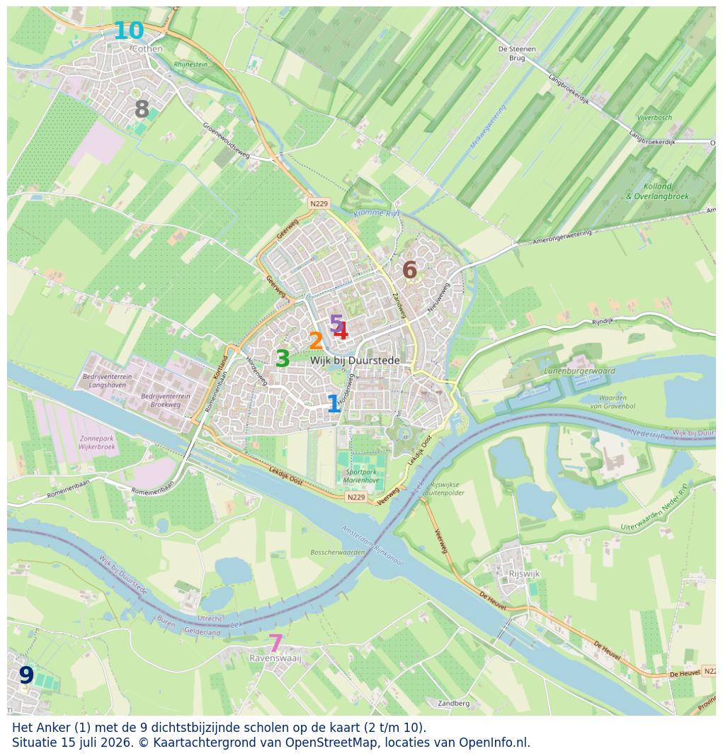 Kaart van de school met de tien dichtsbijzijnde scholen. Hierbij zijn de scholen genummerd van 1 tot en met 10. Nummer 1 is toegekend aan de schoolvestiging zelf: Het Anker.