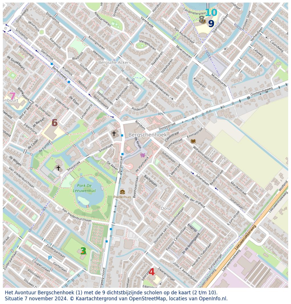 Kaart van de school met de tien dichtsbijzijnde scholen. Hierbij zijn de scholen genummerd van 1 tot en met 10. Nummer 1 is toegekend aan de schoolvestiging zelf: Het Avontuur Bergschenhoek.