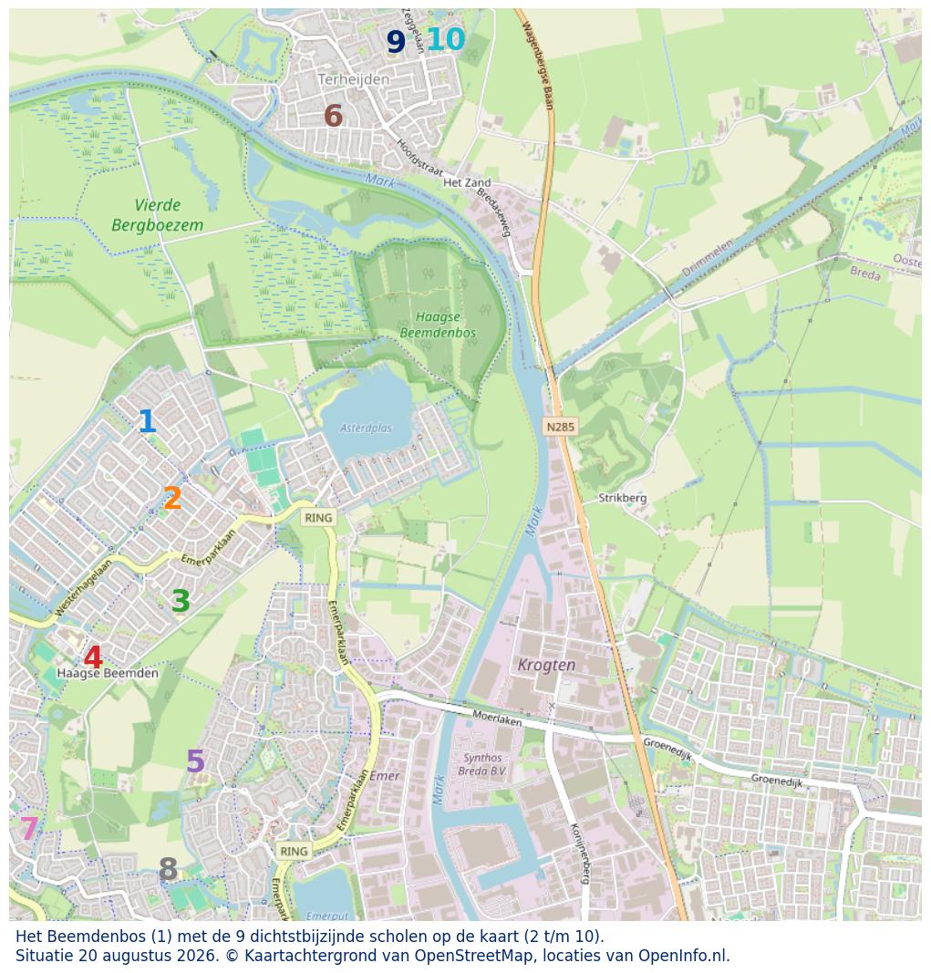 Kaart van de school met de tien dichtsbijzijnde scholen. Hierbij zijn de scholen genummerd van 1 tot en met 10. Nummer 1 is toegekend aan de schoolvestiging zelf: Het Beemdenbos.
