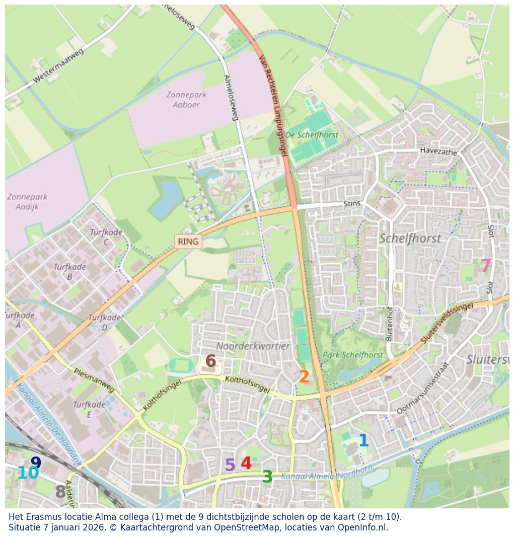 Kaart van de school met de tien dichtsbijzijnde scholen. Hierbij zijn de scholen genummerd van 1 tot en met 10. Nummer 1 is toegekend aan de schoolvestiging zelf: Het Erasmus locatie Alma collega.