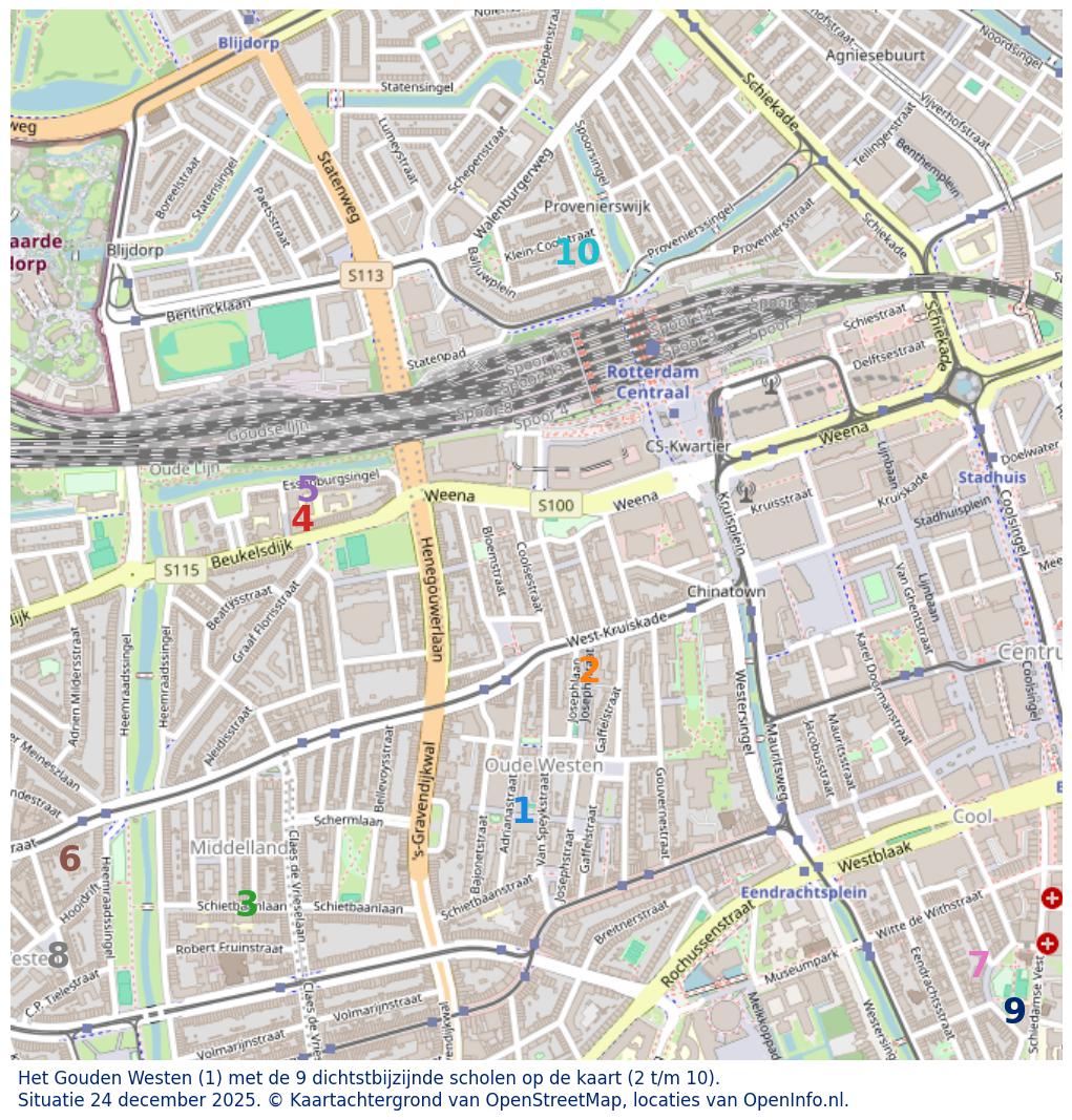 Kaart van de school met de tien dichtsbijzijnde scholen. Hierbij zijn de scholen genummerd van 1 tot en met 10. Nummer 1 is toegekend aan de schoolvestiging zelf: Het Gouden Westen.