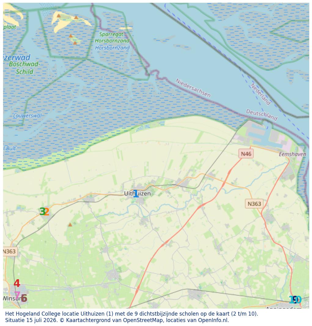 Kaart van de school met de tien dichtsbijzijnde scholen. Hierbij zijn de scholen genummerd van 1 tot en met 10. Nummer 1 is toegekend aan de schoolvestiging zelf: Het Hogeland College locatie Uithuizen.