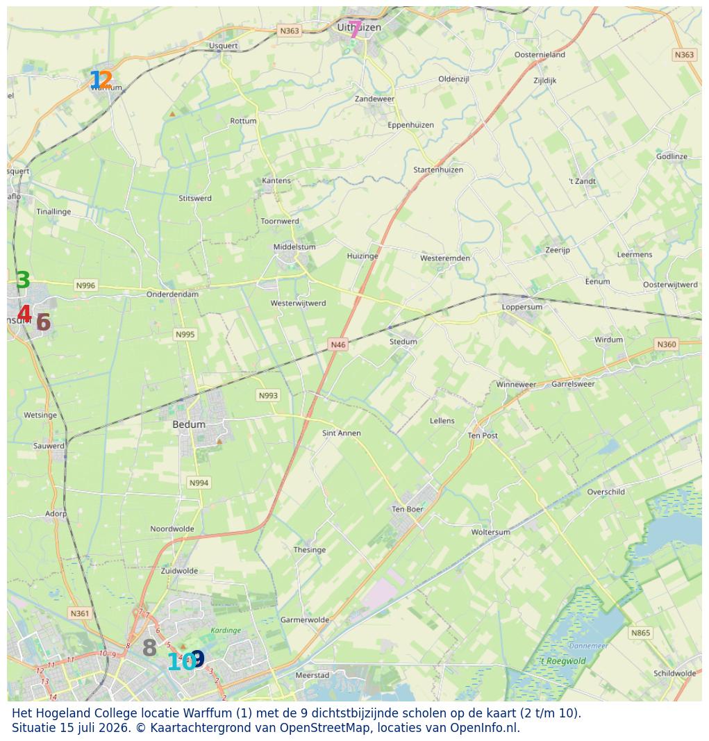 Kaart van de school met de tien dichtsbijzijnde scholen. Hierbij zijn de scholen genummerd van 1 tot en met 10. Nummer 1 is toegekend aan de schoolvestiging zelf: Het Hogeland College locatie Warffum.