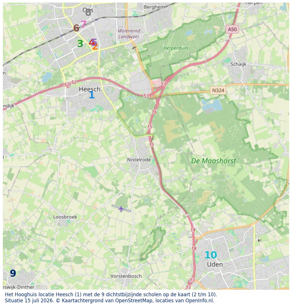 Kaart van de school met de tien dichtsbijzijnde scholen. Hierbij zijn de scholen genummerd van 1 tot en met 10. Nummer 1 is toegekend aan de schoolvestiging zelf: Het Hooghuis locatie Heesch.