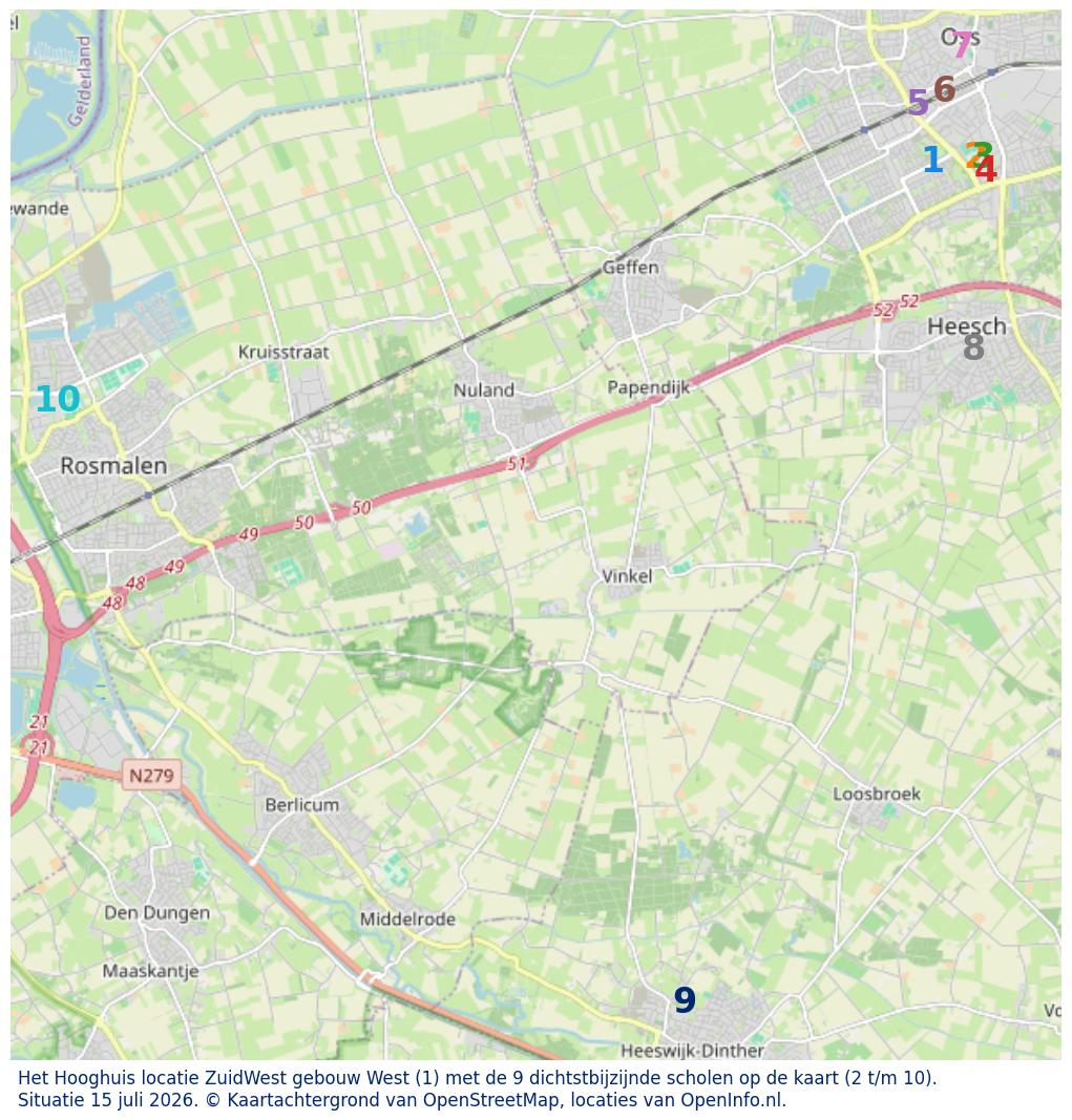 Kaart van de school met de tien dichtsbijzijnde scholen. Hierbij zijn de scholen genummerd van 1 tot en met 10. Nummer 1 is toegekend aan de schoolvestiging zelf: Het Hooghuis locatie ZuidWest gebouw West.