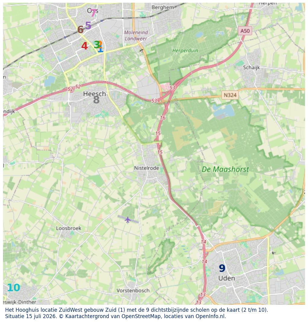 Kaart van de school met de tien dichtsbijzijnde scholen. Hierbij zijn de scholen genummerd van 1 tot en met 10. Nummer 1 is toegekend aan de schoolvestiging zelf: Het Hooghuis locatie ZuidWest gebouw Zuid.