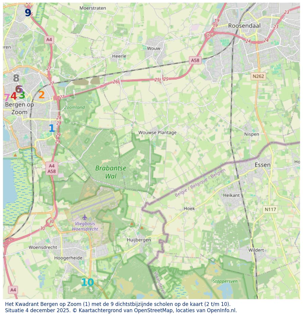 Kaart van de school met de tien dichtsbijzijnde scholen. Hierbij zijn de scholen genummerd van 1 tot en met 10. Nummer 1 is toegekend aan de schoolvestiging zelf: Het Kwadrant Bergen op Zoom.