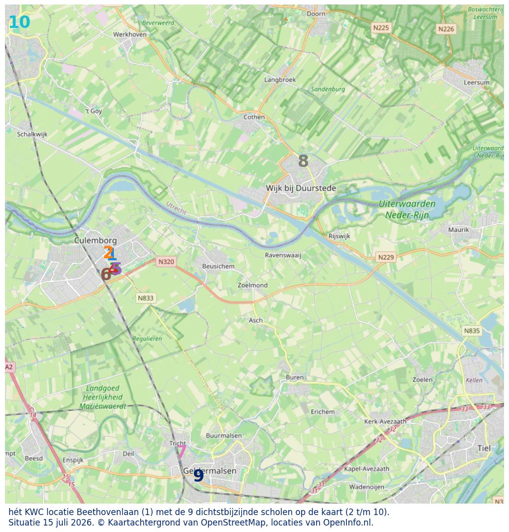 Kaart van de school met de tien dichtsbijzijnde scholen. Hierbij zijn de scholen genummerd van 1 tot en met 10. Nummer 1 is toegekend aan de schoolvestiging zelf: hét KWC locatie Beethovenlaan.