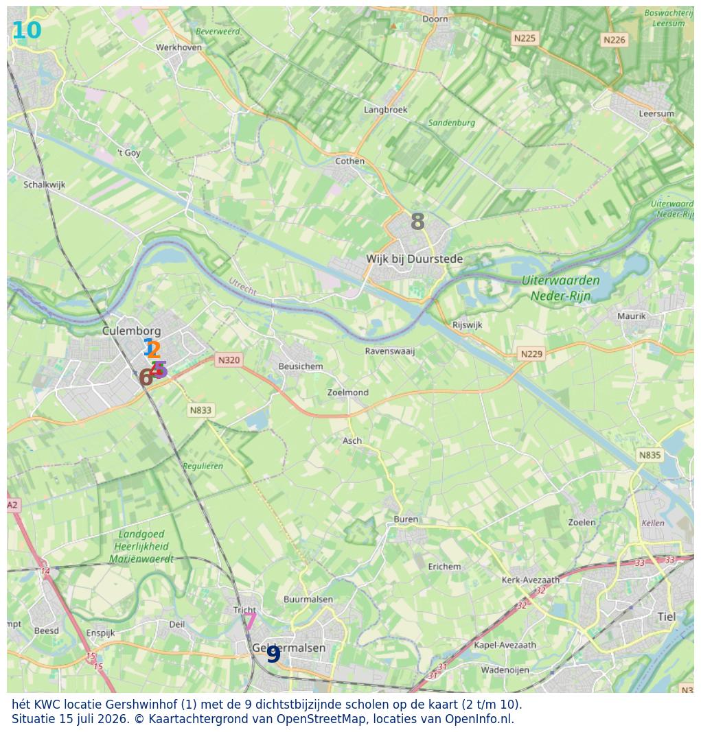 Kaart van de school met de tien dichtsbijzijnde scholen. Hierbij zijn de scholen genummerd van 1 tot en met 10. Nummer 1 is toegekend aan de schoolvestiging zelf: hét KWC locatie Gershwinhof.