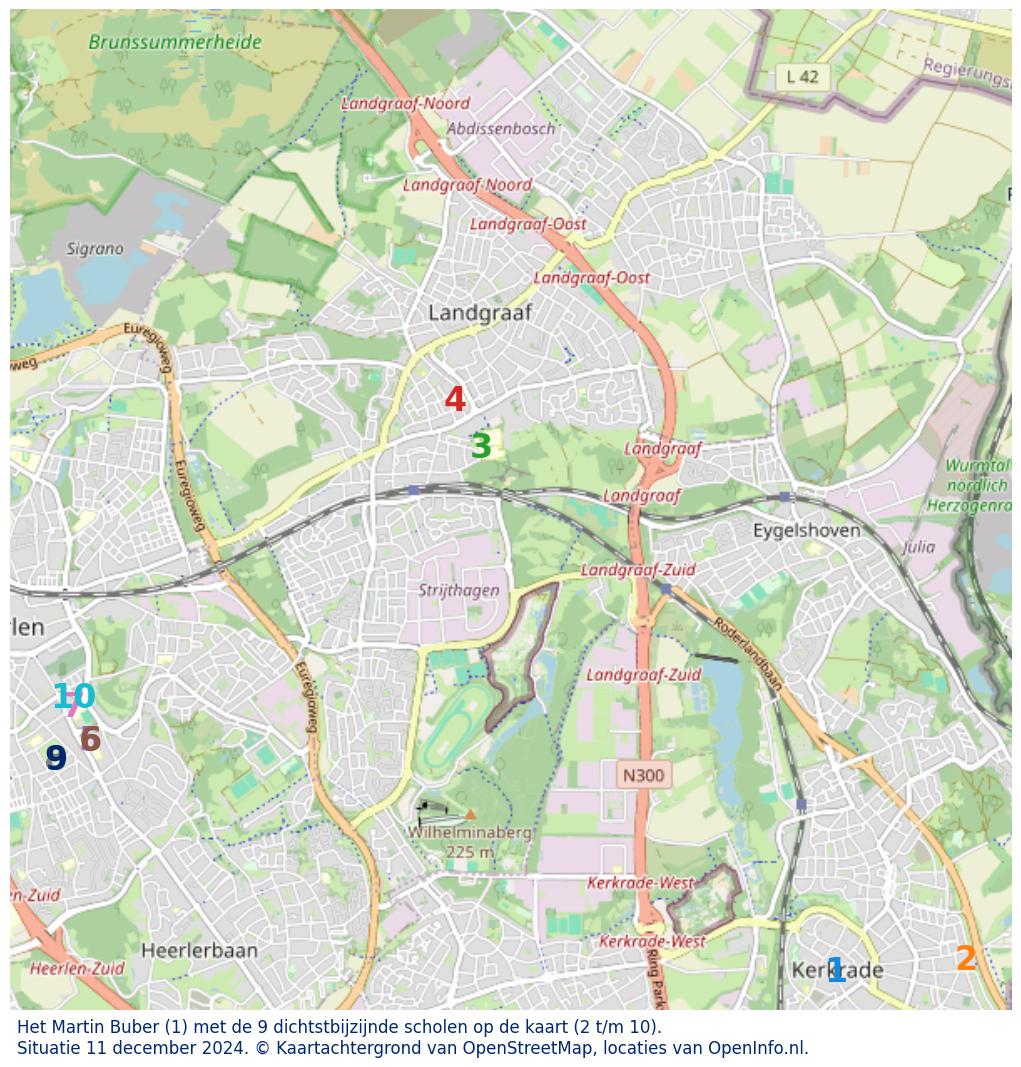 Kaart van de school met de tien dichtsbijzijnde scholen. Hierbij zijn de scholen genummerd van 1 tot en met 10. Nummer 1 is toegekend aan de schoolvestiging zelf: Het Martin Buber.