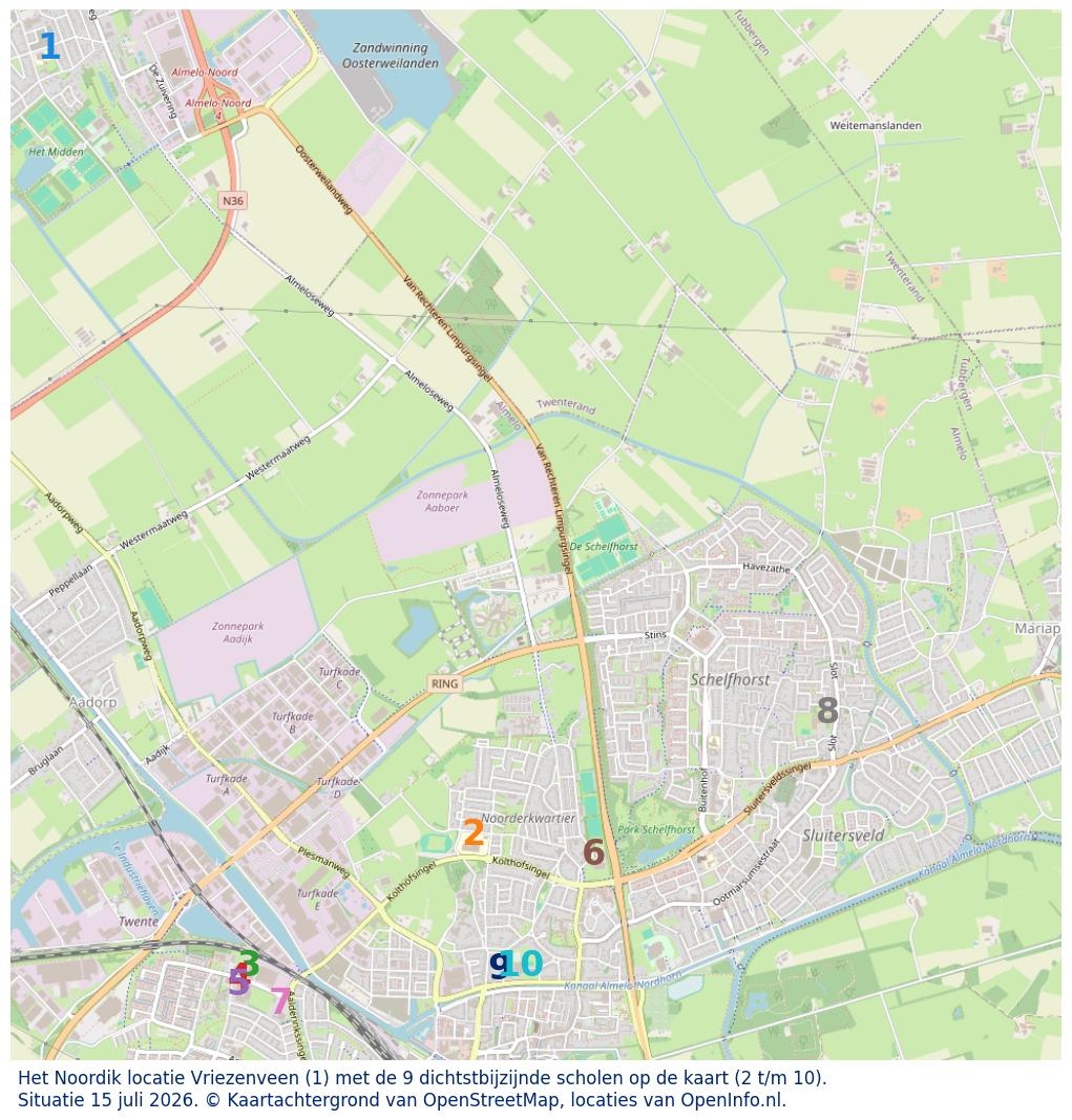 Kaart van de school met de tien dichtsbijzijnde scholen. Hierbij zijn de scholen genummerd van 1 tot en met 10. Nummer 1 is toegekend aan de schoolvestiging zelf: Het Noordik locatie Vriezenveen.