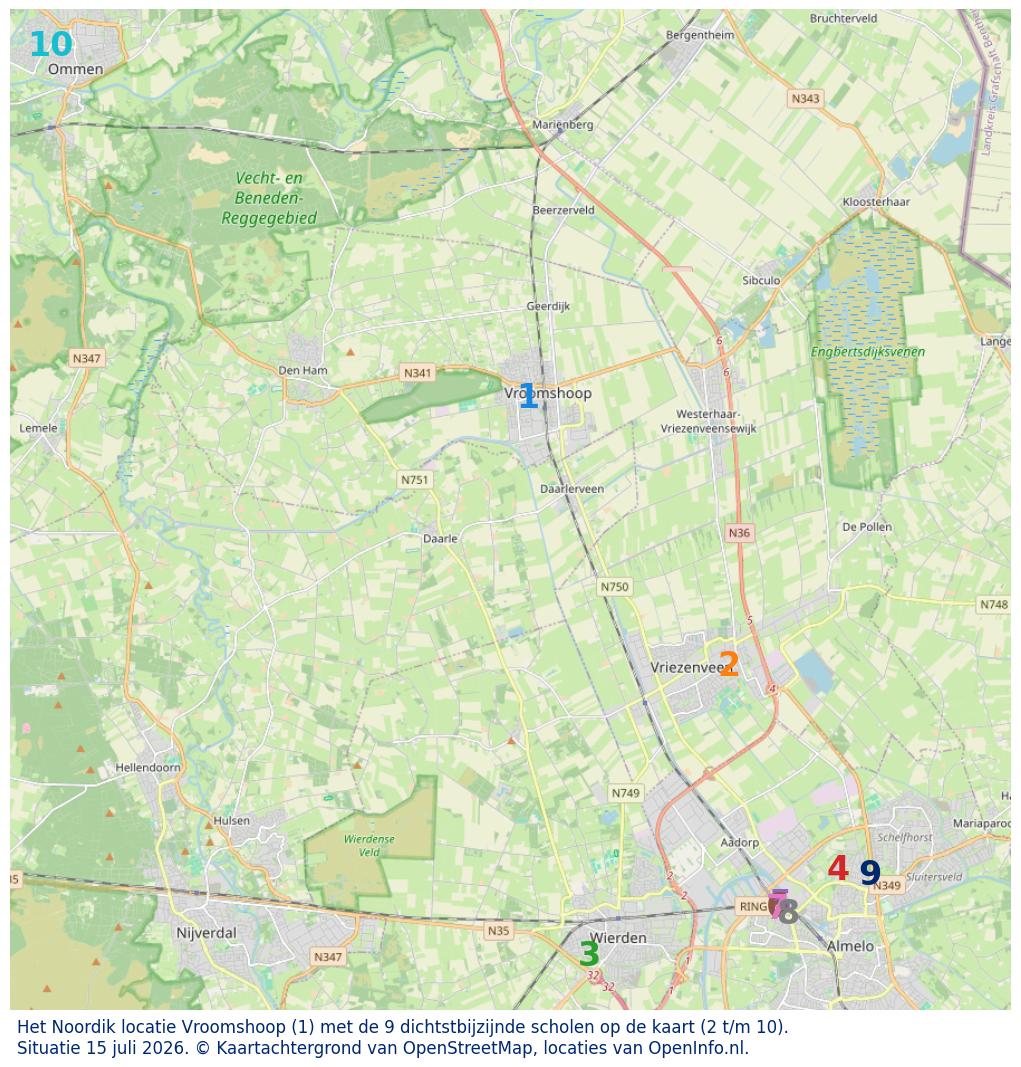 Kaart van de school met de tien dichtsbijzijnde scholen. Hierbij zijn de scholen genummerd van 1 tot en met 10. Nummer 1 is toegekend aan de schoolvestiging zelf: Het Noordik locatie Vroomshoop.