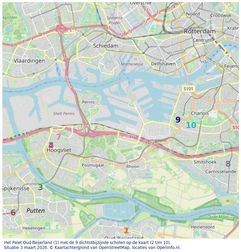 Kaart van de school met de tien dichtsbijzijnde scholen. Hierbij zijn de scholen genummerd van 1 tot en met 10. Nummer 1 is toegekend aan de schoolvestiging zelf: Het Palet Oud-Beijerland.