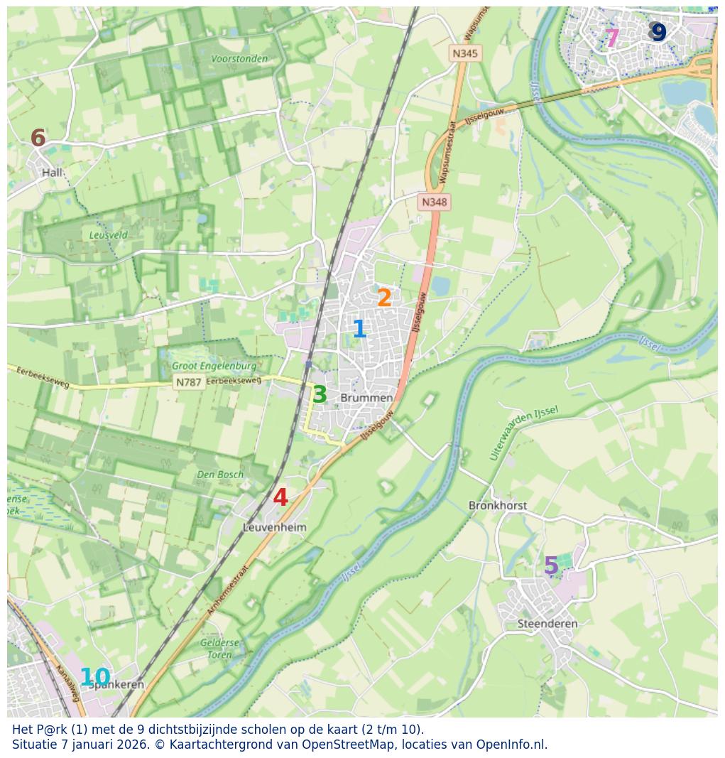 Kaart van de school met de tien dichtsbijzijnde scholen. Hierbij zijn de scholen genummerd van 1 tot en met 10. Nummer 1 is toegekend aan de schoolvestiging zelf: Het P@rk.