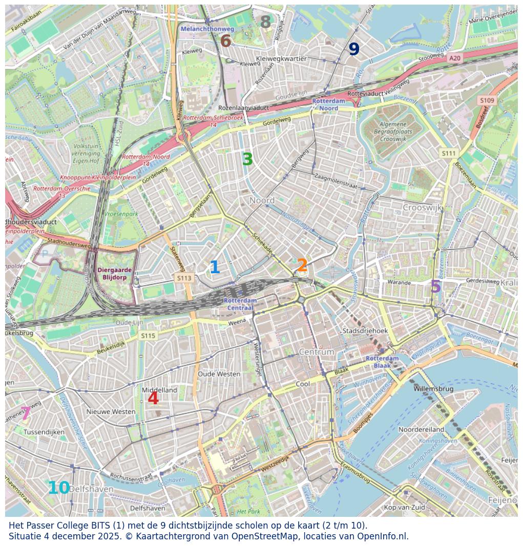 Kaart van de school met de tien dichtsbijzijnde scholen. Hierbij zijn de scholen genummerd van 1 tot en met 10. Nummer 1 is toegekend aan de schoolvestiging zelf: Het Passer College BITS.