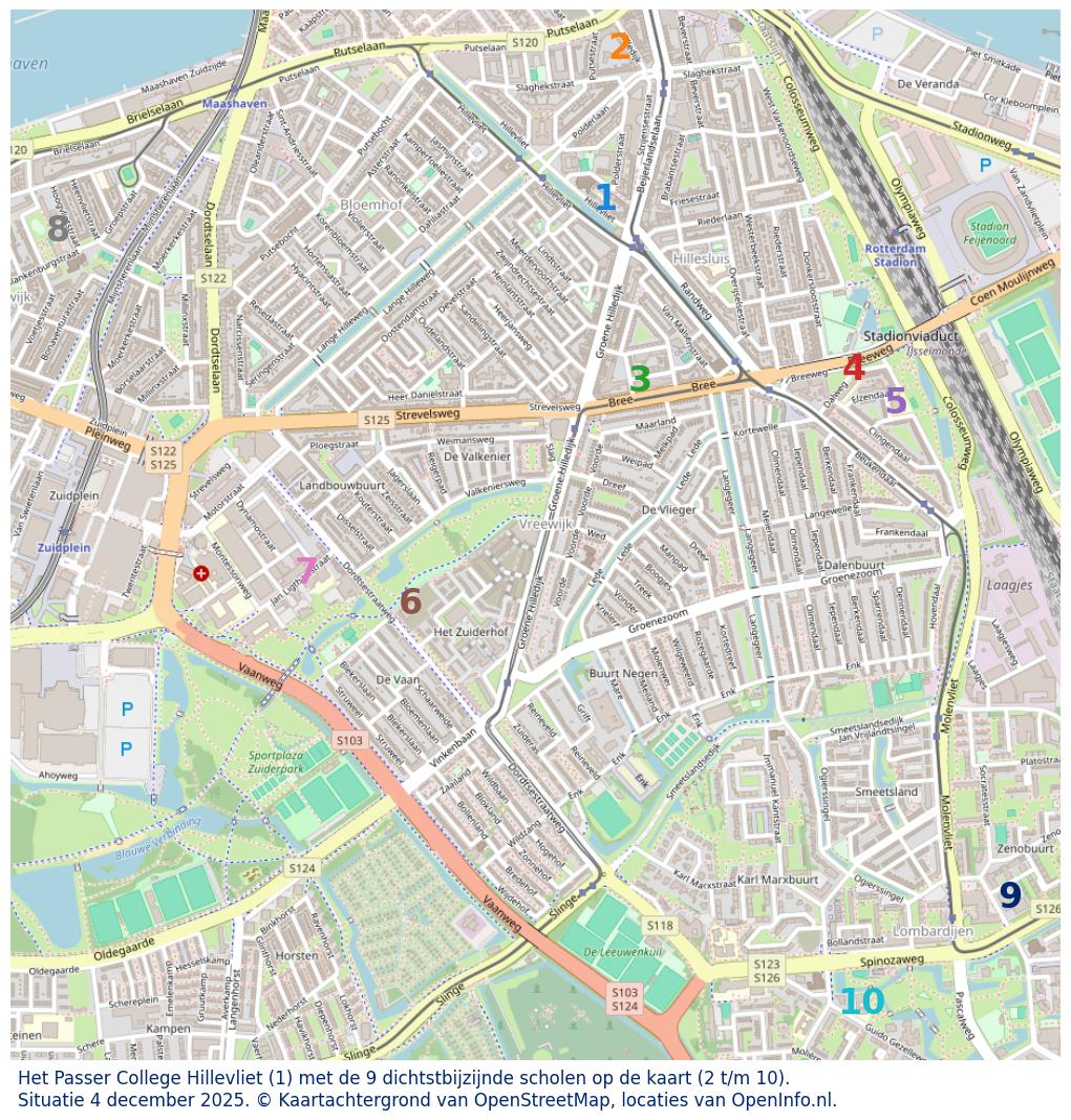 Kaart van de school met de tien dichtsbijzijnde scholen. Hierbij zijn de scholen genummerd van 1 tot en met 10. Nummer 1 is toegekend aan de schoolvestiging zelf: Het Passer College Hillevliet.