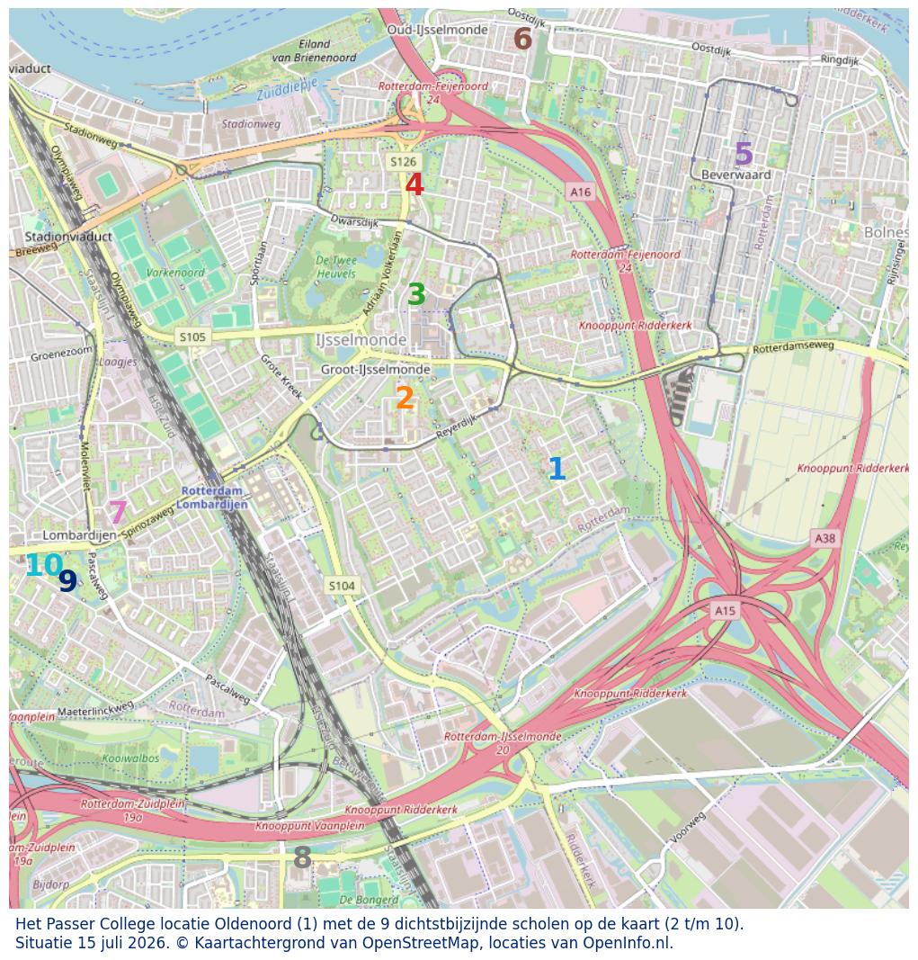Kaart van de school met de tien dichtsbijzijnde scholen. Hierbij zijn de scholen genummerd van 1 tot en met 10. Nummer 1 is toegekend aan de schoolvestiging zelf: Het Passer College locatie Oldenoord.