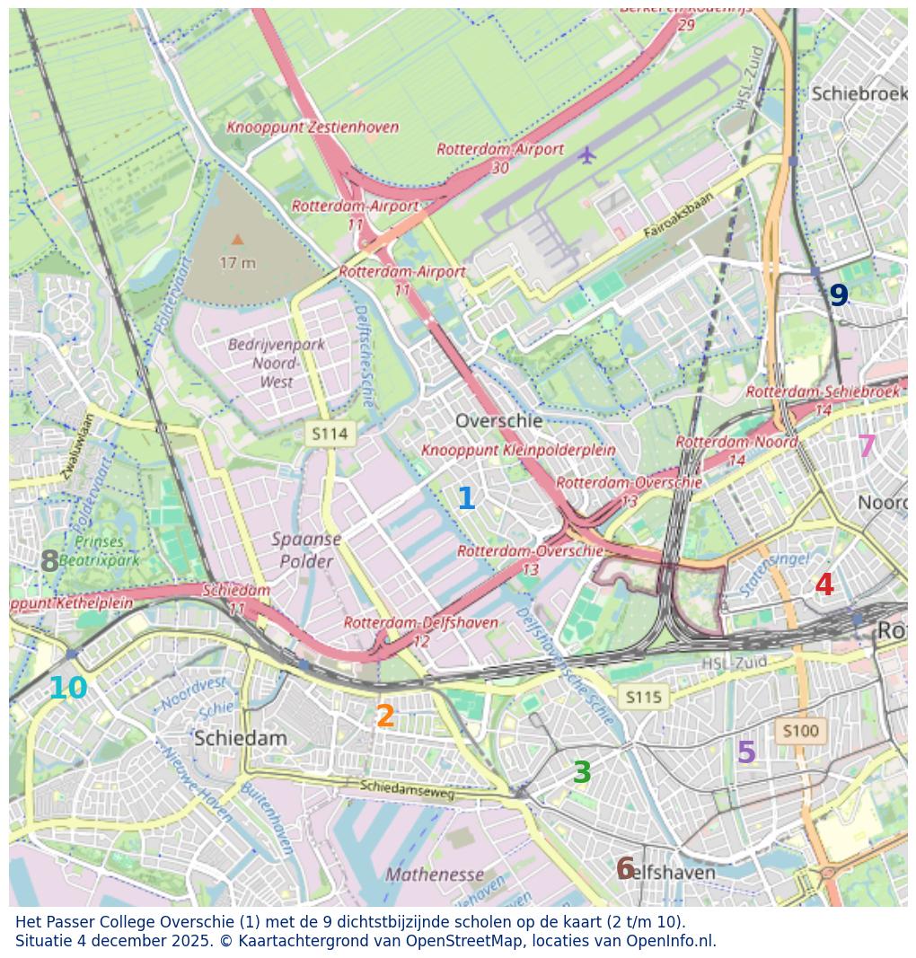 Kaart van de school met de tien dichtsbijzijnde scholen. Hierbij zijn de scholen genummerd van 1 tot en met 10. Nummer 1 is toegekend aan de schoolvestiging zelf: Het Passer College Overschie.