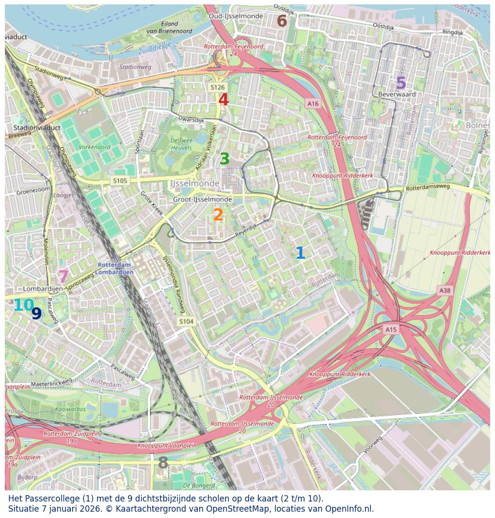 Kaart van de school met de tien dichtsbijzijnde scholen. Hierbij zijn de scholen genummerd van 1 tot en met 10. Nummer 1 is toegekend aan de schoolvestiging zelf: Het Passercollege.