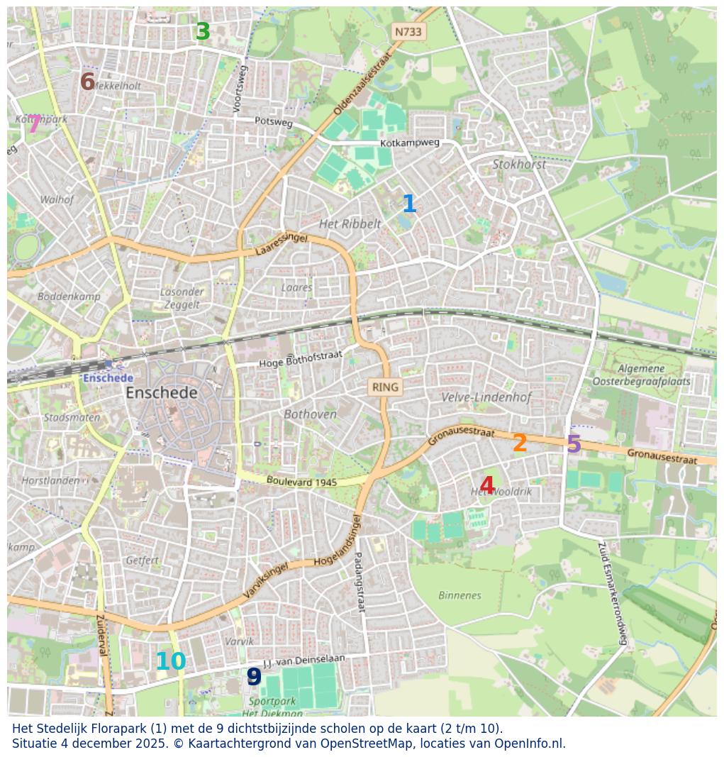 Kaart van de school met de tien dichtsbijzijnde scholen. Hierbij zijn de scholen genummerd van 1 tot en met 10. Nummer 1 is toegekend aan de schoolvestiging zelf: Het Stedelijk Florapark.