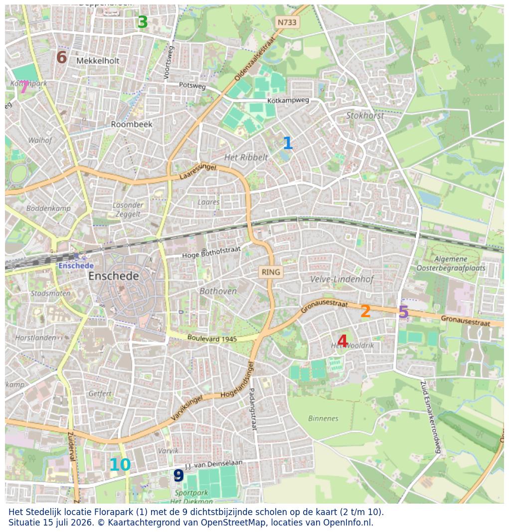Kaart van de school met de tien dichtsbijzijnde scholen. Hierbij zijn de scholen genummerd van 1 tot en met 10. Nummer 1 is toegekend aan de schoolvestiging zelf: Het Stedelijk locatie Florapark.