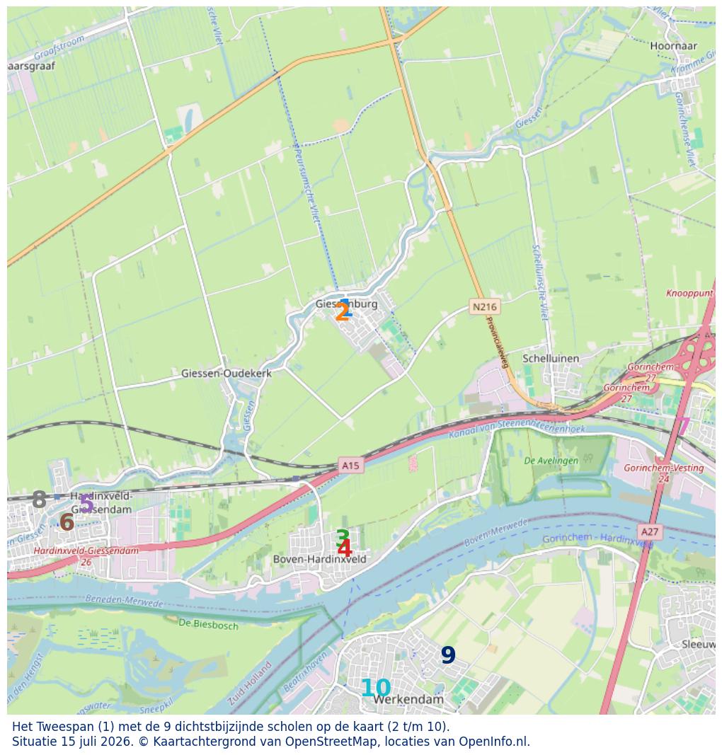 Kaart van de school met de tien dichtsbijzijnde scholen. Hierbij zijn de scholen genummerd van 1 tot en met 10. Nummer 1 is toegekend aan de schoolvestiging zelf: Het Tweespan.