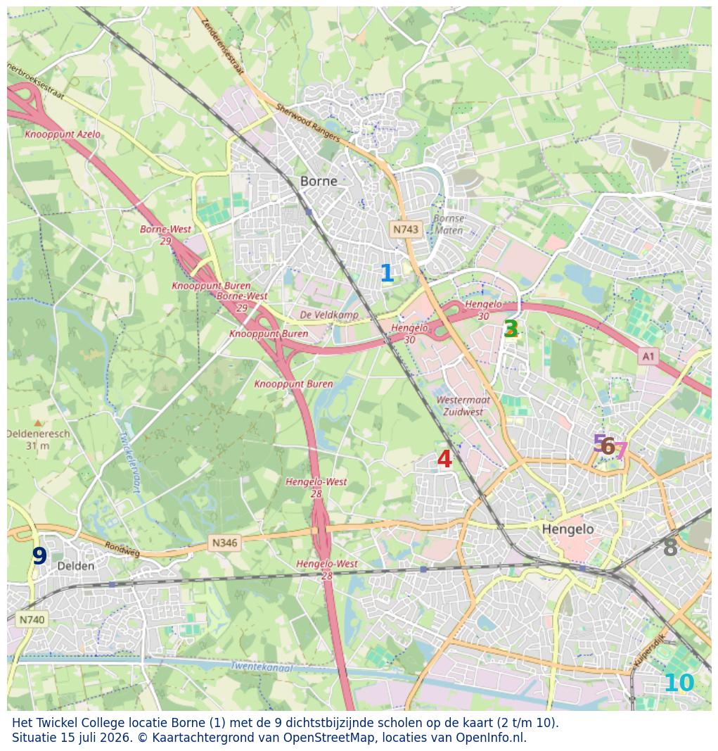 Kaart van de school met de tien dichtsbijzijnde scholen. Hierbij zijn de scholen genummerd van 1 tot en met 10. Nummer 1 is toegekend aan de schoolvestiging zelf: Het Twickel College locatie Borne.