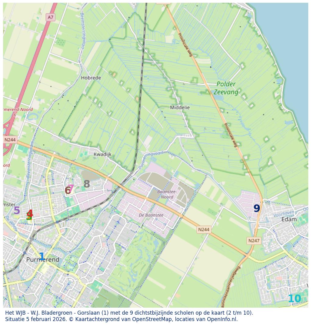 Kaart van de school met de tien dichtsbijzijnde scholen. Hierbij zijn de scholen genummerd van 1 tot en met 10. Nummer 1 is toegekend aan de schoolvestiging zelf: Het WJB - W.J. Bladergroen - Gorslaan.