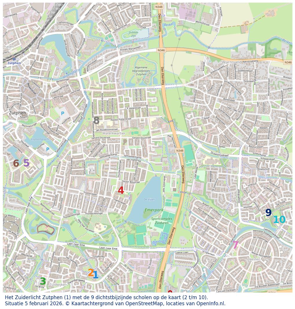 Kaart van de school met de tien dichtsbijzijnde scholen. Hierbij zijn de scholen genummerd van 1 tot en met 10. Nummer 1 is toegekend aan de schoolvestiging zelf: Het Zuiderlicht Zutphen.