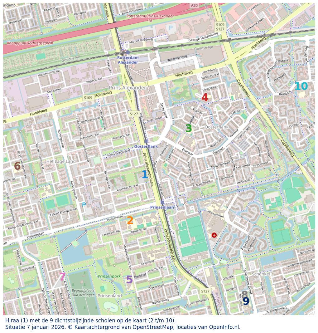 Kaart van de school met de tien dichtsbijzijnde scholen. Hierbij zijn de scholen genummerd van 1 tot en met 10. Nummer 1 is toegekend aan de schoolvestiging zelf: Hiraa.