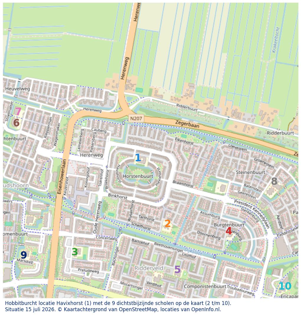 Kaart van de school met de tien dichtsbijzijnde scholen. Hierbij zijn de scholen genummerd van 1 tot en met 10. Nummer 1 is toegekend aan de schoolvestiging zelf: Hobbitburcht locatie Havixhorst.
