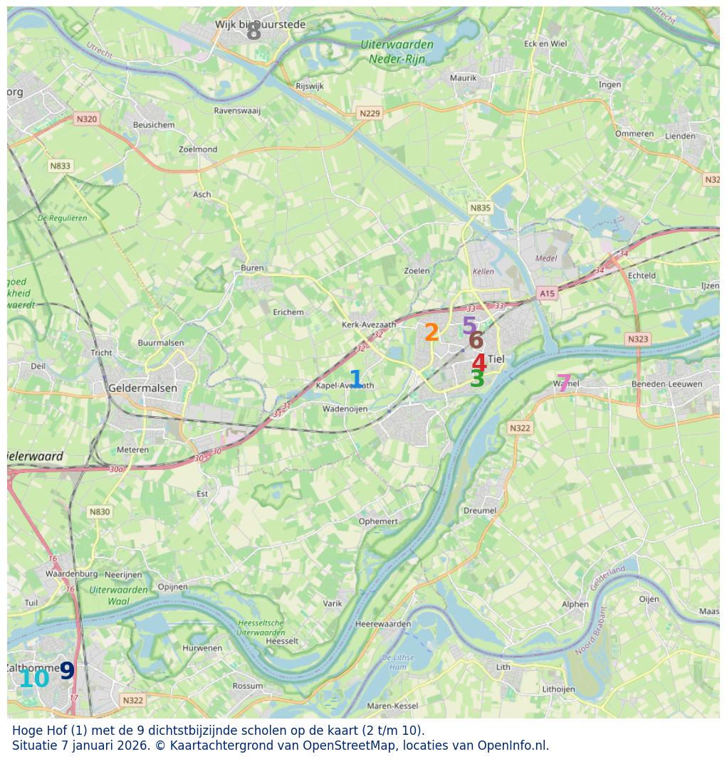 Kaart van de school met de tien dichtsbijzijnde scholen. Hierbij zijn de scholen genummerd van 1 tot en met 10. Nummer 1 is toegekend aan de schoolvestiging zelf: Hoge Hof.