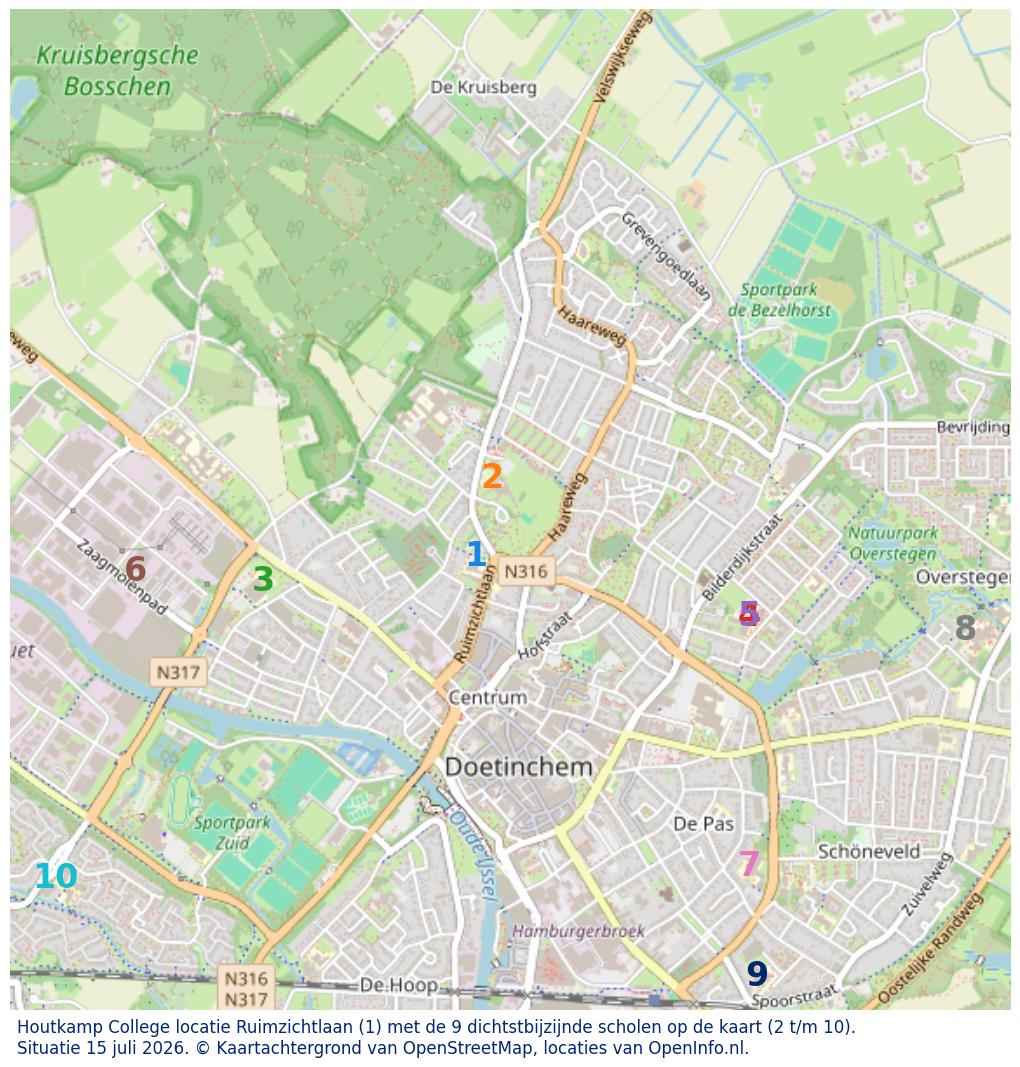 Kaart van de school met de tien dichtsbijzijnde scholen. Hierbij zijn de scholen genummerd van 1 tot en met 10. Nummer 1 is toegekend aan de schoolvestiging zelf: Houtkamp College locatie Ruimzichtlaan.