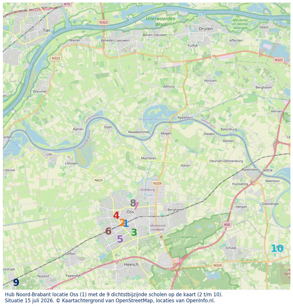 Kaart van de school met de tien dichtsbijzijnde scholen. Hierbij zijn de scholen genummerd van 1 tot en met 10. Nummer 1 is toegekend aan de schoolvestiging zelf: Hub Noord-Brabant locatie Oss.