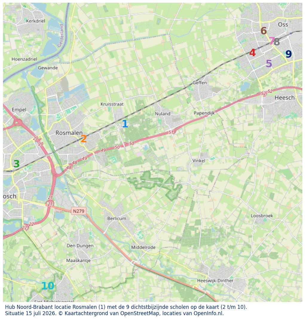 Kaart van de school met de tien dichtsbijzijnde scholen. Hierbij zijn de scholen genummerd van 1 tot en met 10. Nummer 1 is toegekend aan de schoolvestiging zelf: Hub Noord-Brabant locatie Rosmalen.