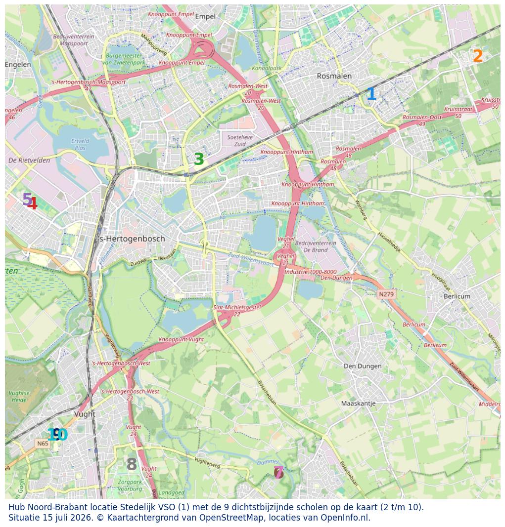 Kaart van de school met de tien dichtsbijzijnde scholen. Hierbij zijn de scholen genummerd van 1 tot en met 10. Nummer 1 is toegekend aan de schoolvestiging zelf: Hub Noord-Brabant locatie Stedelijk VSO.