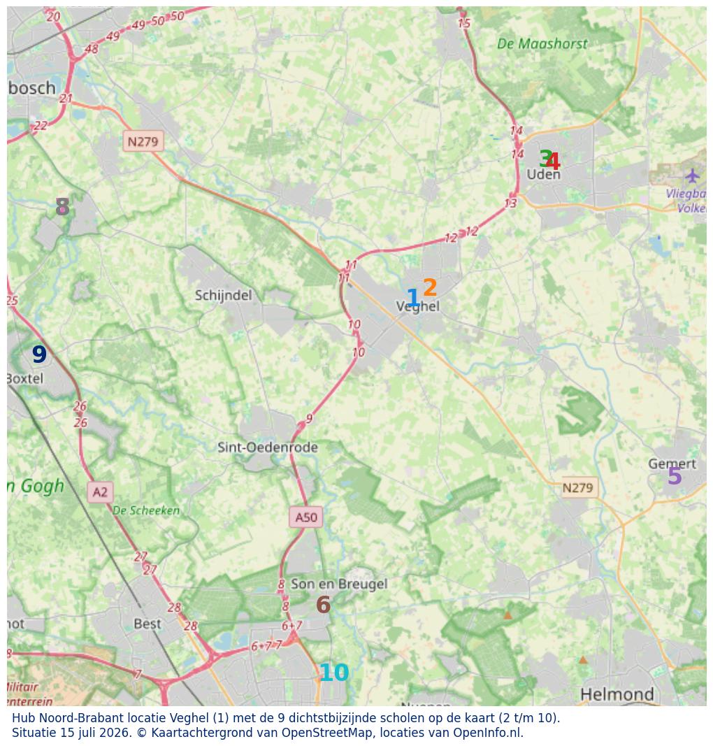 Kaart van de school met de tien dichtsbijzijnde scholen. Hierbij zijn de scholen genummerd van 1 tot en met 10. Nummer 1 is toegekend aan de schoolvestiging zelf: Hub Noord-Brabant locatie Veghel.