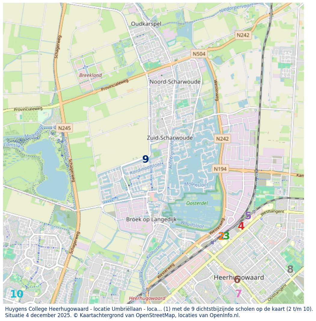 Kaart van de school met de tien dichtsbijzijnde scholen. Hierbij zijn de scholen genummerd van 1 tot en met 10. Nummer 1 is toegekend aan de schoolvestiging zelf: Huygens College Heerhugowaard - locatie Umbriëllaan - locatie 1.