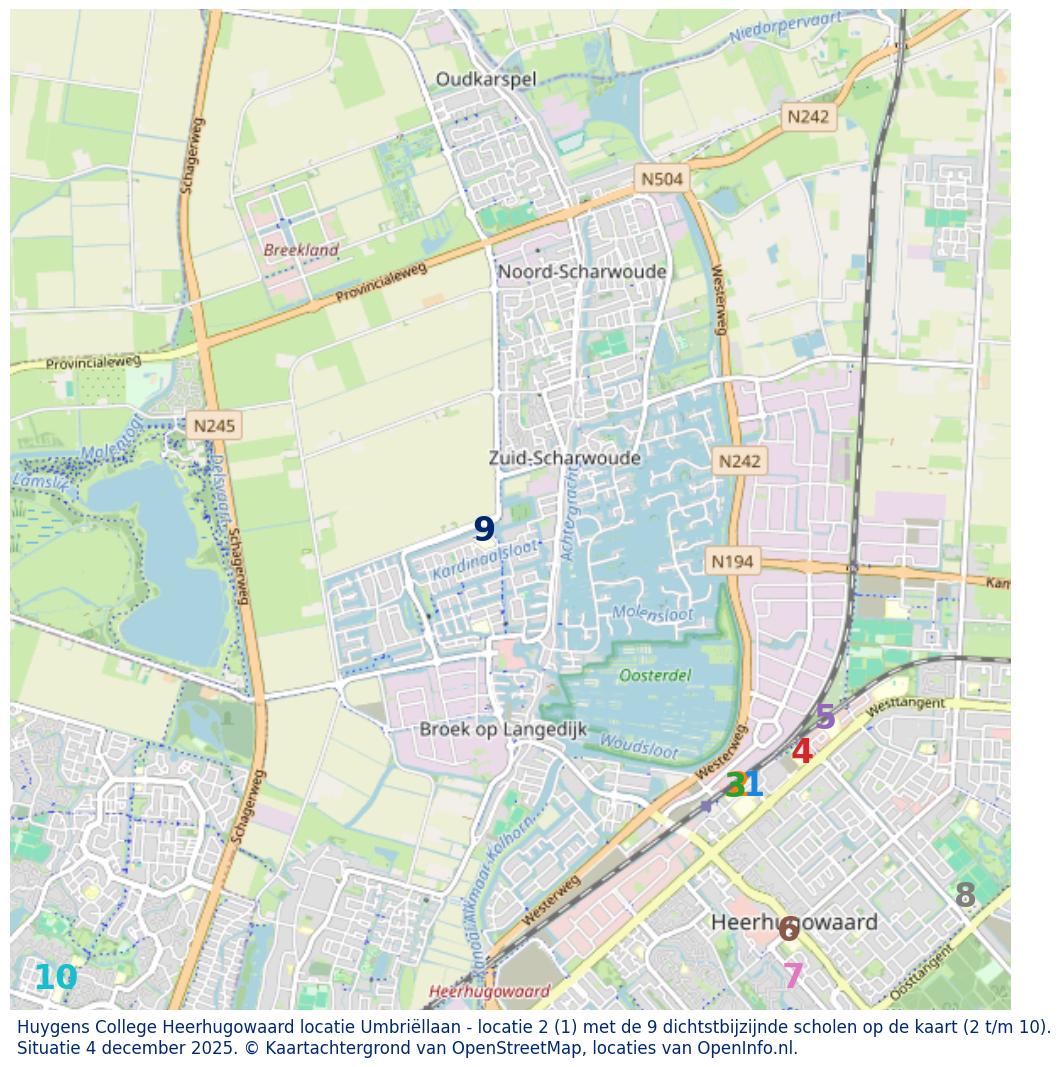 Kaart van de school met de tien dichtsbijzijnde scholen. Hierbij zijn de scholen genummerd van 1 tot en met 10. Nummer 1 is toegekend aan de schoolvestiging zelf: Huygens College Heerhugowaard locatie Umbriëllaan - locatie 2.