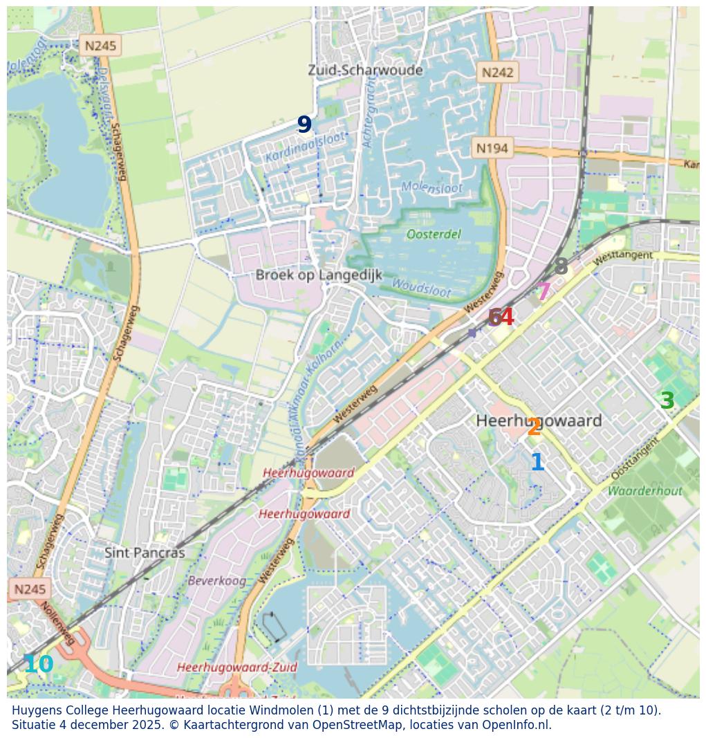 Kaart van de school met de tien dichtsbijzijnde scholen. Hierbij zijn de scholen genummerd van 1 tot en met 10. Nummer 1 is toegekend aan de schoolvestiging zelf: Huygens College Heerhugowaard locatie Windmolen.