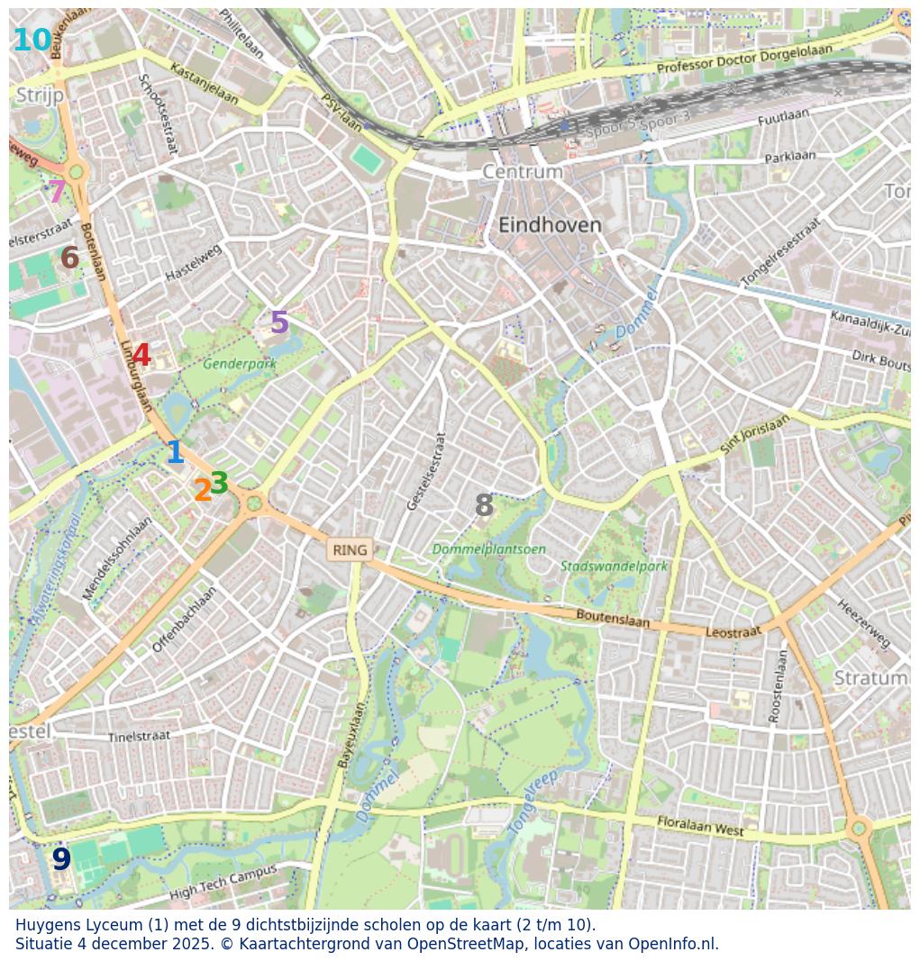 Kaart van de school met de tien dichtsbijzijnde scholen. Hierbij zijn de scholen genummerd van 1 tot en met 10. Nummer 1 is toegekend aan de schoolvestiging zelf: Huygens Lyceum.