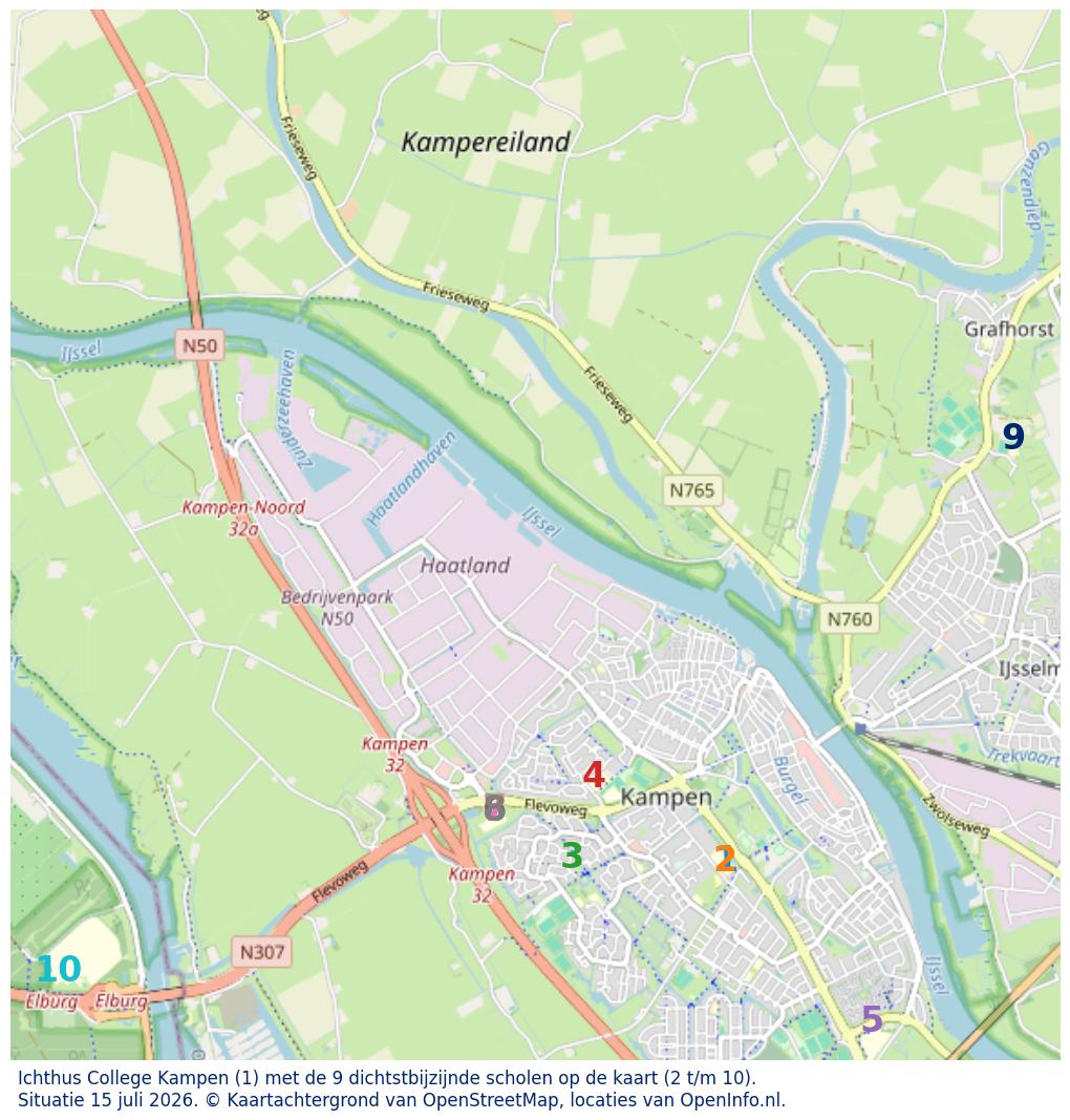 Kaart van de school met de tien dichtsbijzijnde scholen. Hierbij zijn de scholen genummerd van 1 tot en met 10. Nummer 1 is toegekend aan de schoolvestiging zelf: Ichthus College Kampen.