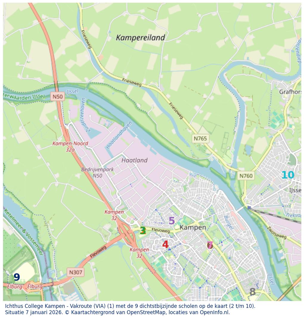 Kaart van de school met de tien dichtsbijzijnde scholen. Hierbij zijn de scholen genummerd van 1 tot en met 10. Nummer 1 is toegekend aan de schoolvestiging zelf: Ichthus College Kampen - Vakroute (VIA).